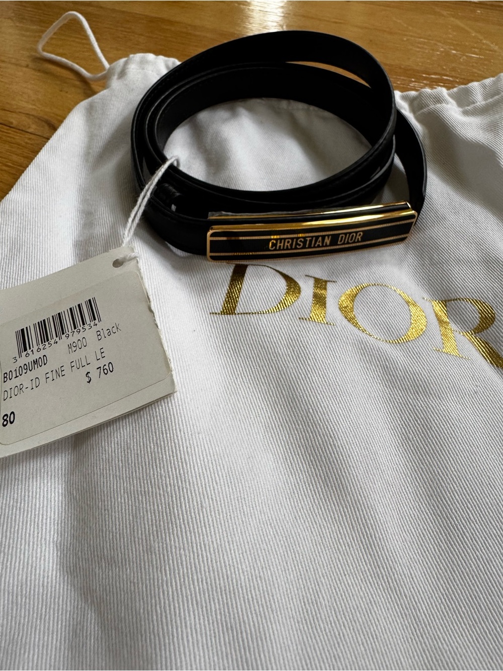 Dior Black Leather Skinny Belt with Gold-Trim Logo Plaque